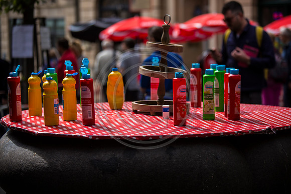 Table with sauce bottles